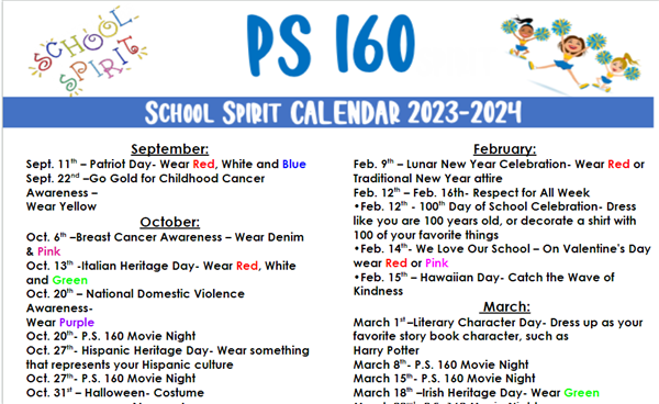 School Spirit Calendar shows September, October attire